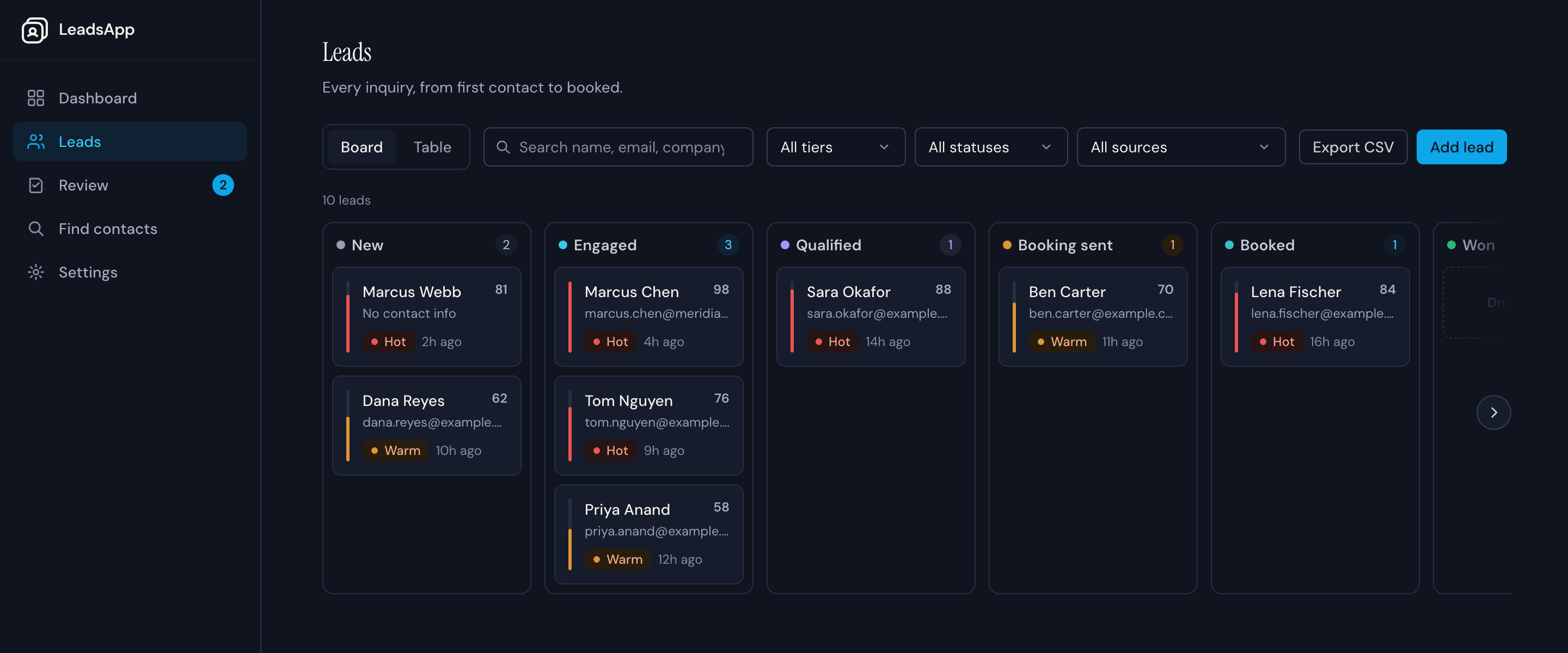 The LeadsApp leads board in the live demo workspace: columns for new, engaged, qualified, booking-sent, booked and won leads, each card scored 0-100 and tiered hot or warm