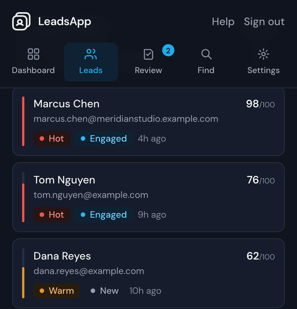 The LeadsApp leads list on a phone: three inbound leads scored 98, 76 and 62 out of 100, tiered hot or warm, at the engaged and new stages