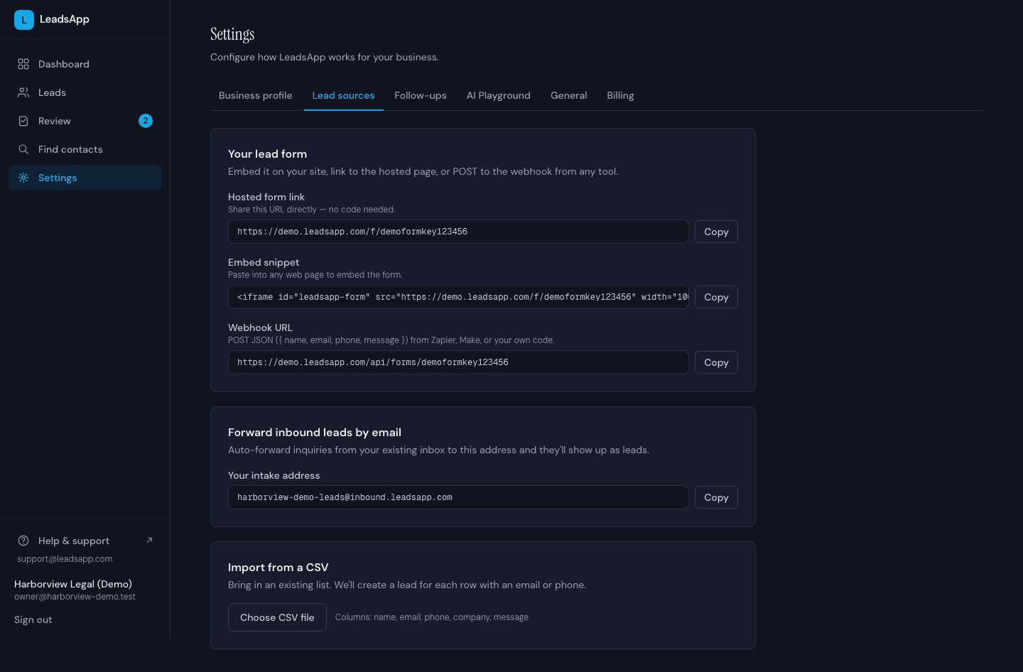 LeadsApp lead-sources settings: the hosted form link, website embed snippet, webhook URL, an email-forwarding intake address, and CSV import