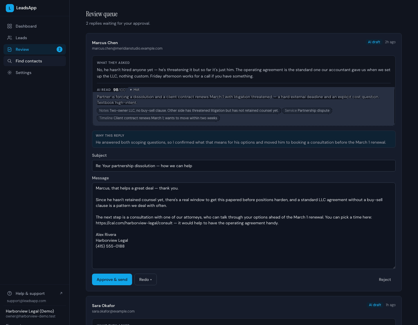 The LeadsApp review queue: a pending AI draft with the lead's message, the AI's 98/100 hot read, the reasoning behind the reply, and Approve and send, Redo and Reject buttons