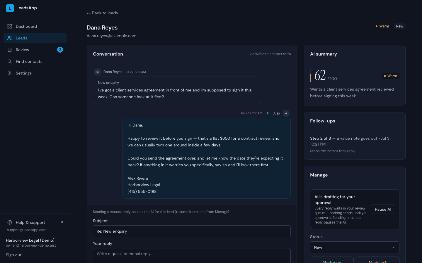 A lead page in LeadsApp with the follow-up sequence card mid-flight at step 2 of 3, the next nudge scheduled, and the Manage card showing the AI drafts for approval with a Pause AI button